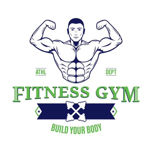 Logo Sport Fitness, Plantilla de etiqueta de gimnasio con culturista — Vector de stock