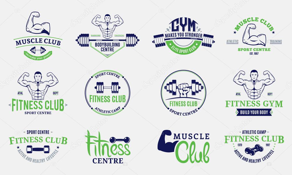 Fitness gym labels templates, badges, fitness equipment icons and design elements