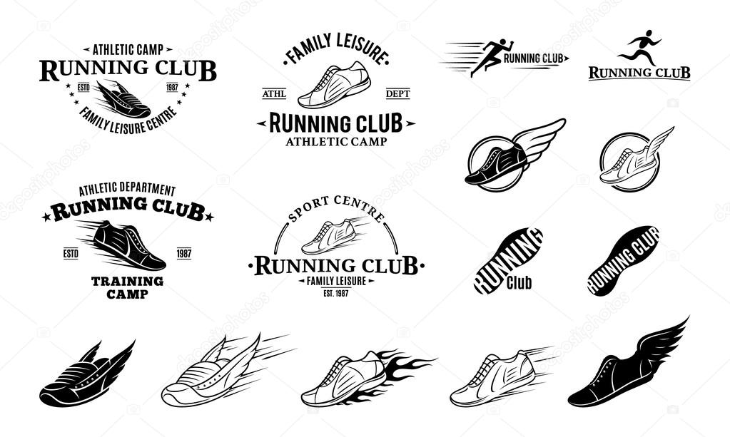 Running club labels templates, badges and running shoes icons