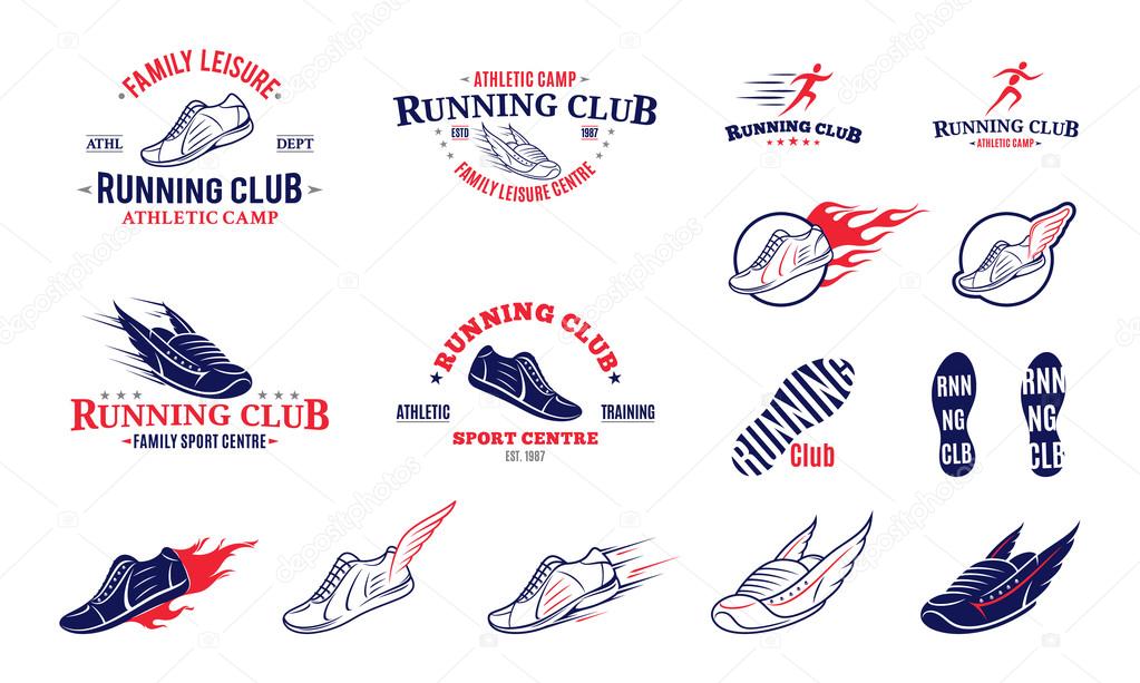 Running club labels templates, badges, running shoes, running man icons and design elements