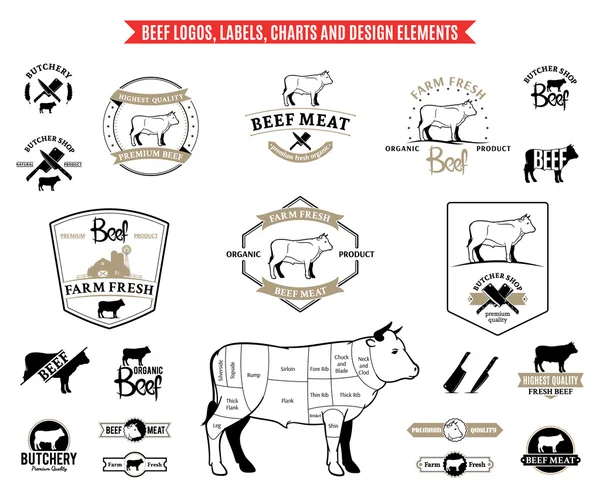 Логотипы, этикетки, графики и элементы дизайна говядины — стоковый вектор