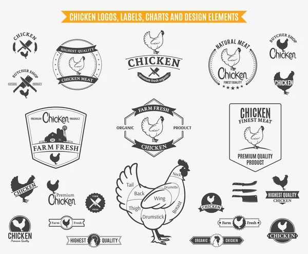 Hühnerlogos, Etiketten, Diagramme und Designelemente — Stockvektor