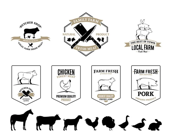 Logos, étiquettes, animaux de ferme et éléments de conception de boucherie — Image vectorielle