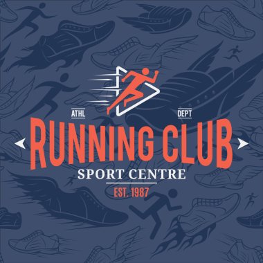 Running Club Logo Template Over Running Shoes Seamless Pattern clipart