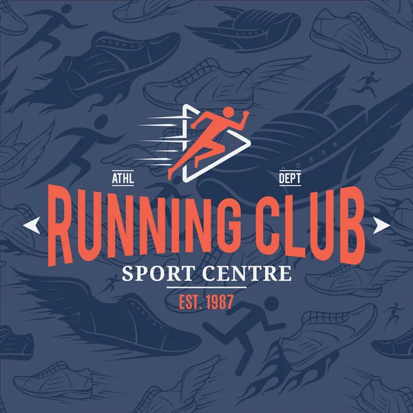 Running Club Logo Template Over Running Shoes Seamless Pattern — Stock Vector