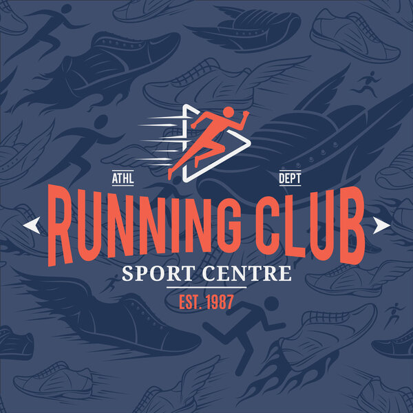 Running Club Logo Template Over Running Shoes Seamless Pattern