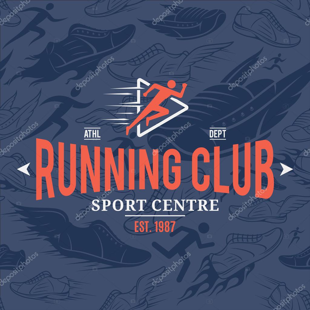 Running club label, sport shoes icons, running man icons, seamless pattern, background.