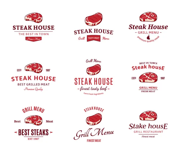 Grill Steak Logo-uri, etichete și elemente de design. Steaks pentru BBQ și Grill Steakhouse Labels — Vector de stoc