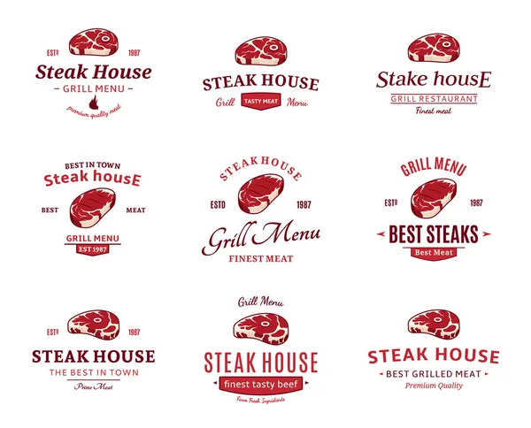 Гриль стейк логотипи, етикетки та елементів дизайну. Стейки для барбекю і гриль стейк-хаус етикетки — стоковий вектор