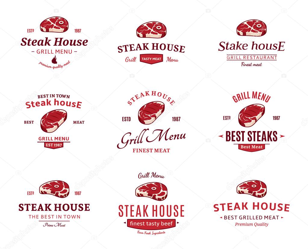 Grill Steak Logos, Labels, and Design Elements. Steaks for BBQ and Grill Steakhouse Labels