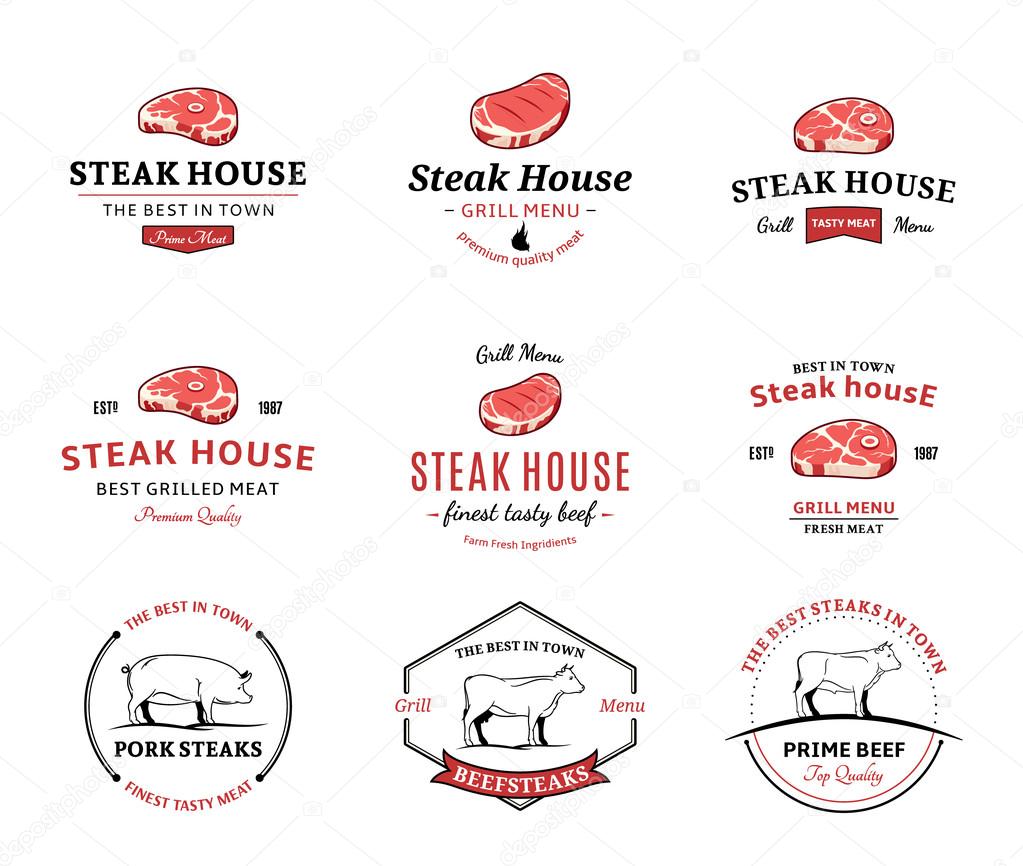 Set of grill steak labels, badges and design-elements. Steaks for BBQ and grill steakhouse labels.