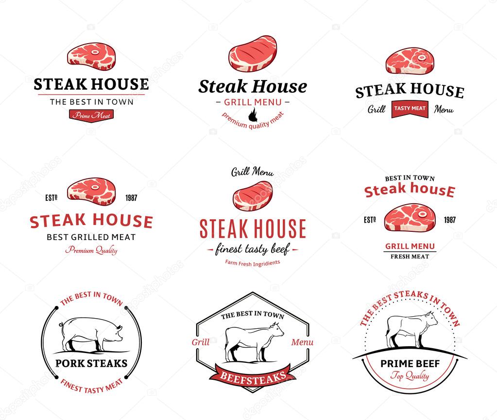 Grill Steak Logos, Labels, and Design Elements. Steaks for BBQ and Grill Steakhouse Labels