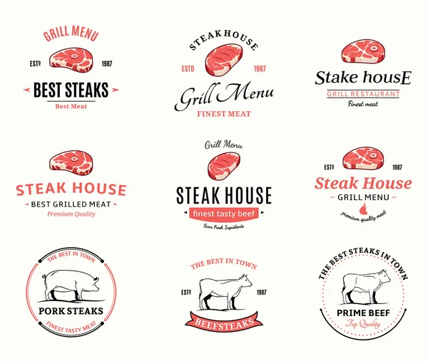 Grill Steak Logos, Label, dan Desain Elemen. Steaks for BBQ and Grill Steakhouse Labels - Stok Vektor