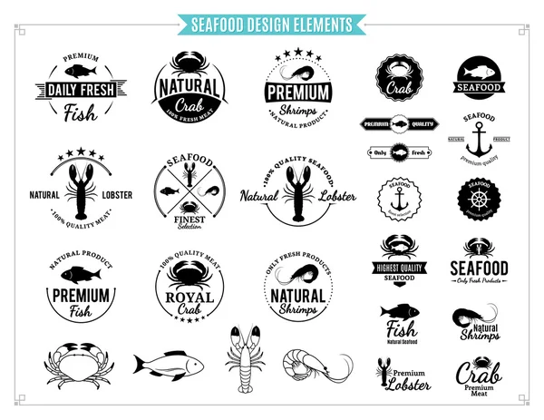 Etiquetas de mariscos, animales marinos y elementos de diseño — Vector de stock