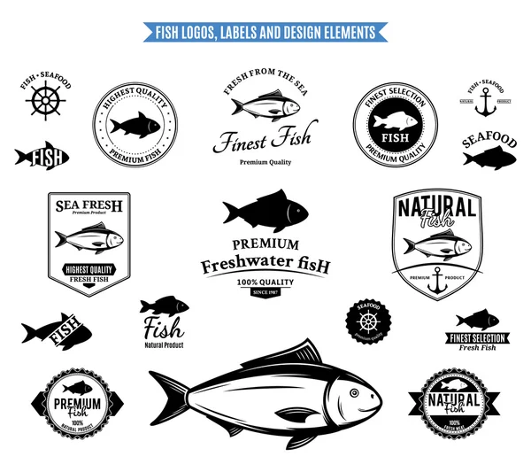 Logotipos de peixe, rótulos e elementos de design — Vetor de Stock