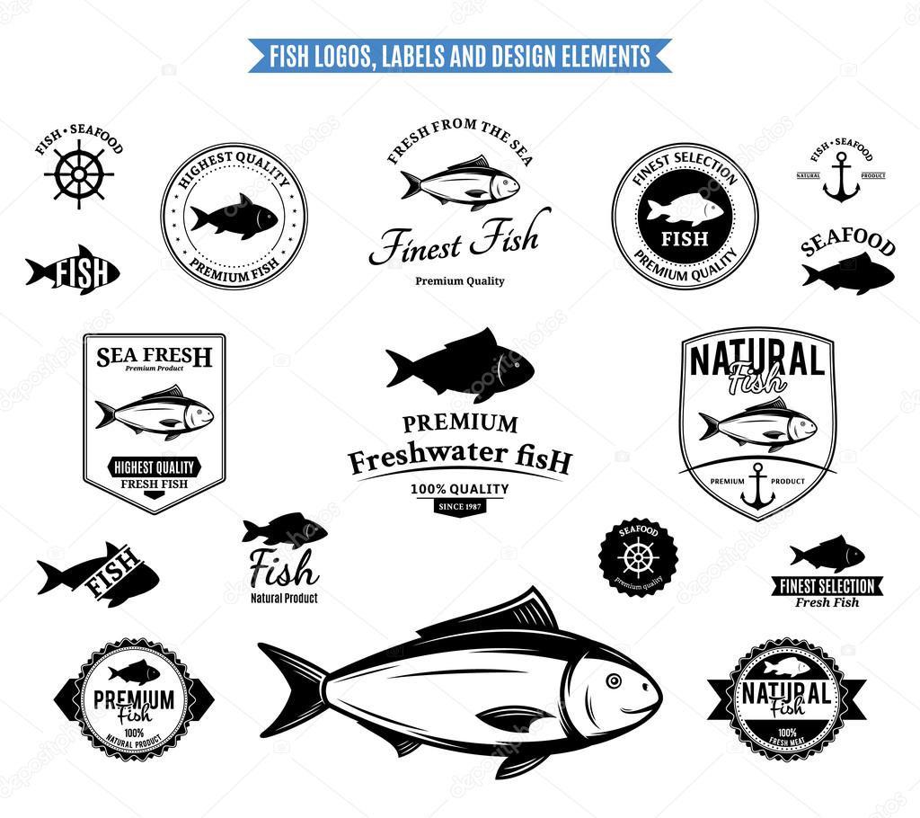 Lots of vector fish design elements for your work: labels, badges, emblems and icons.