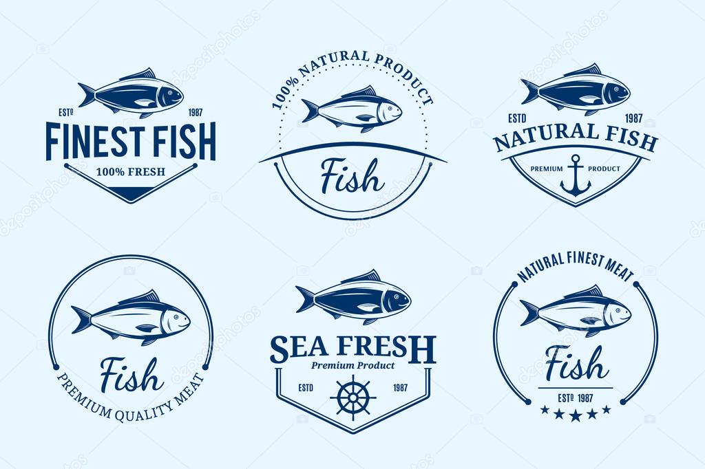 Vector fish design elements, label templates, badges, emblems and icons.