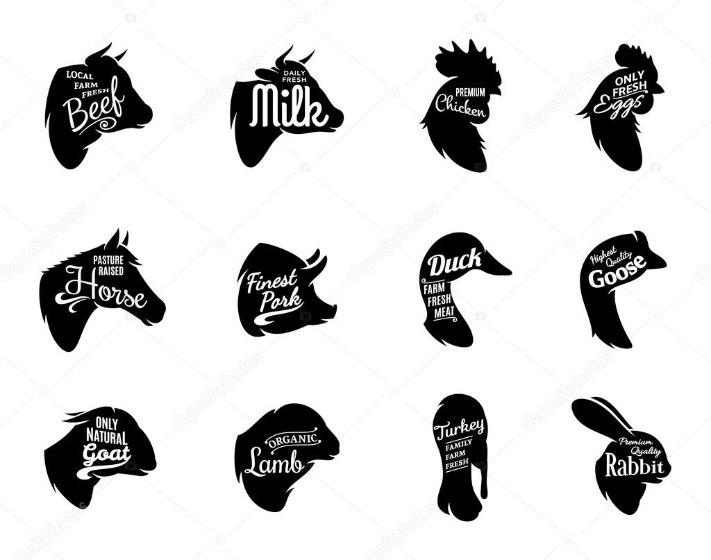 Typographic Farm Enimals Icons Meat Labels