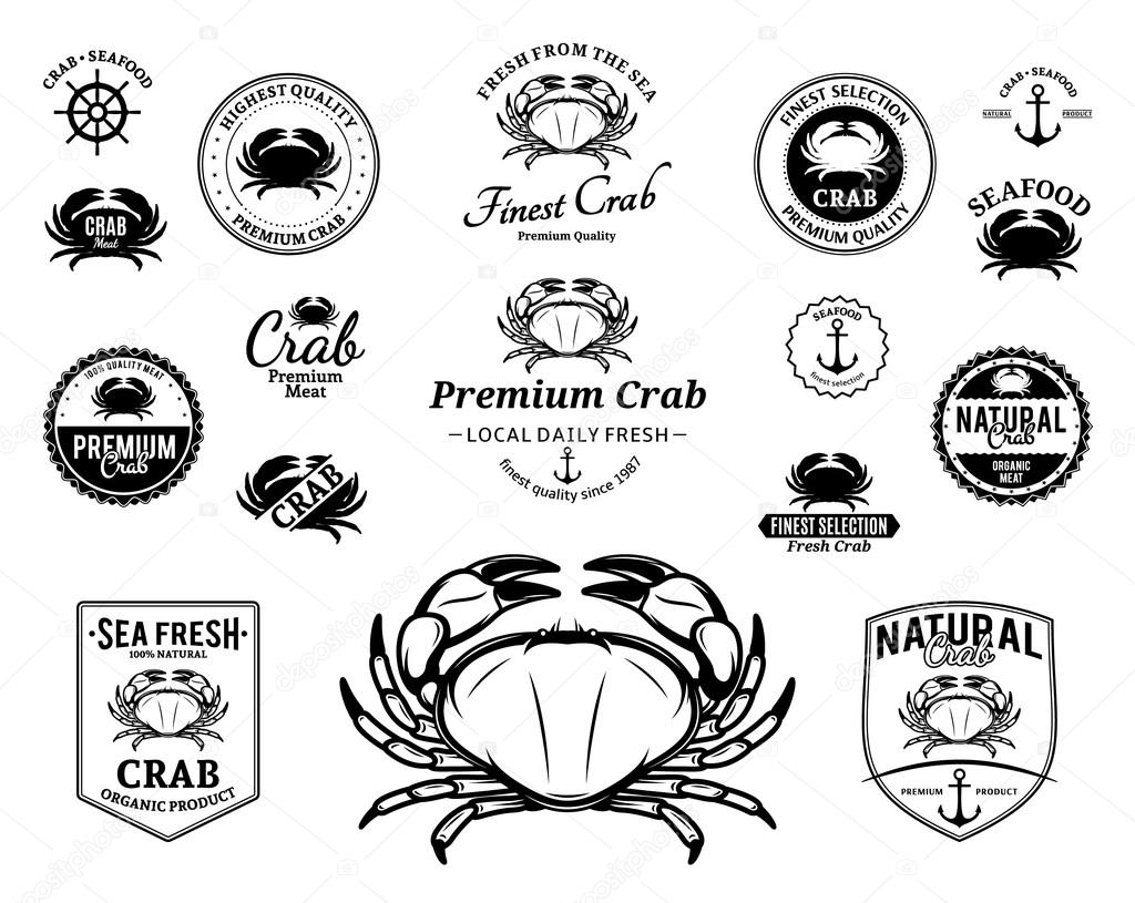 Lots of vector crab design elements for your work: labels, badges, emblems and icons.