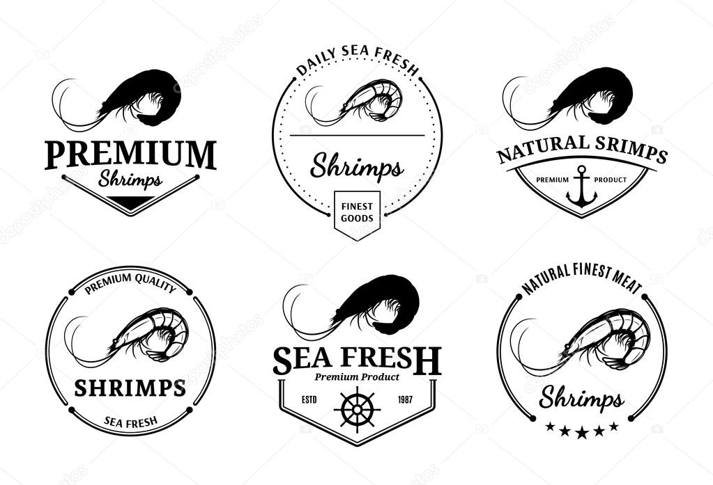 Vector shrimps design elements, label templates, badges, emblems and icons.