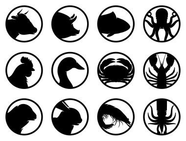 Set of Seafood and Farm Animals Flat Icons