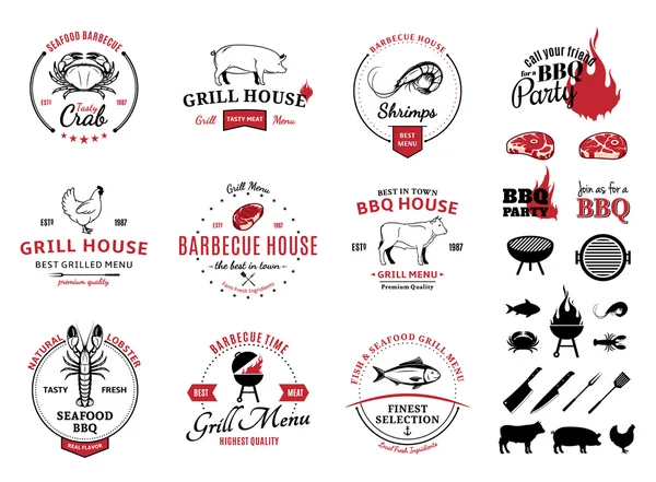 Barbecue, Logos, étiquettes et éléments de design de fruits de mer — Image vectorielle