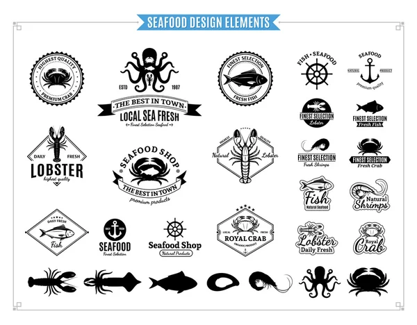 Seafood Logos, Labels, Sea Animals and Design Elements - Stok Vektor