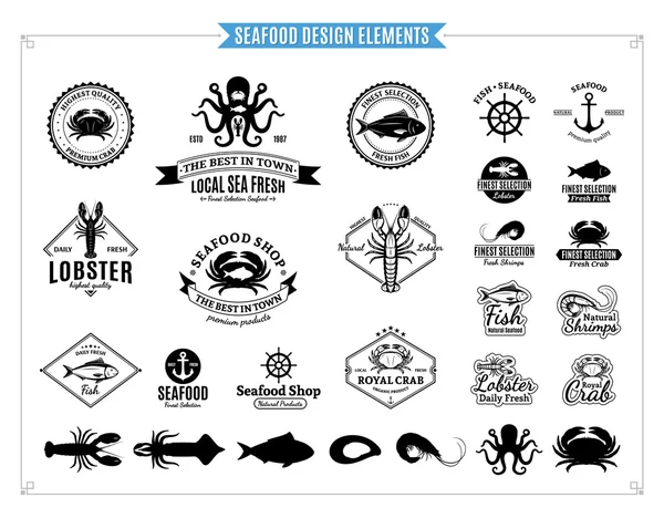 Seafood Logos, Labels, Sea Animals and Design Elements — Stock Vector