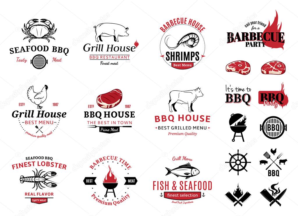 Barbecue, seafood, steak house design elements, labels, badges, emblems and icons.