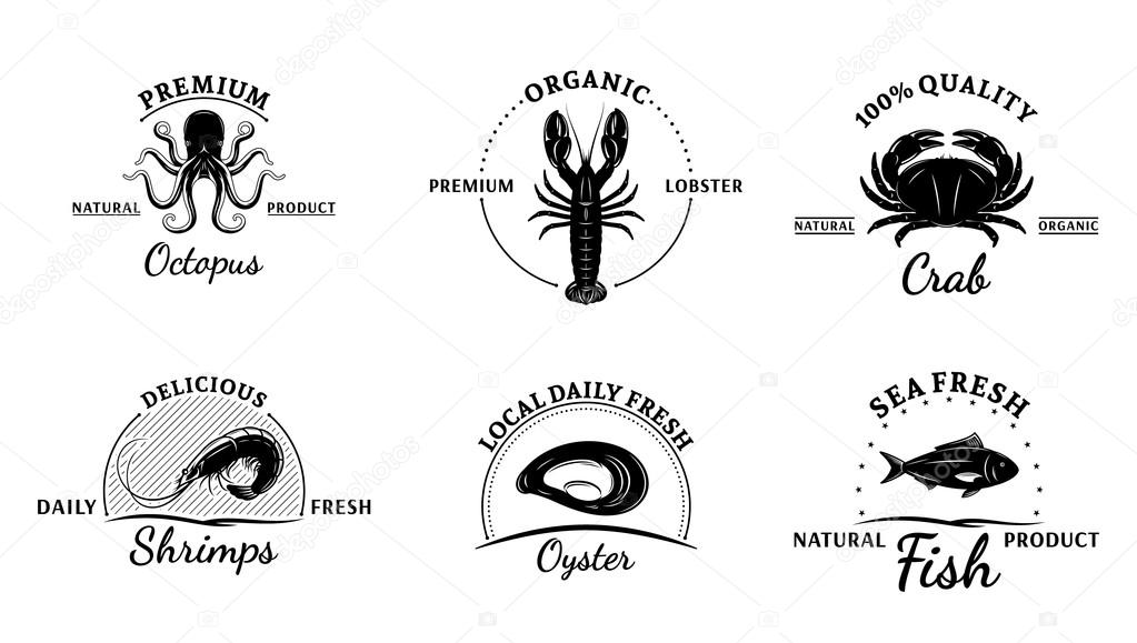 Vector seafood design elements, label templates, badges, emblems and icons.