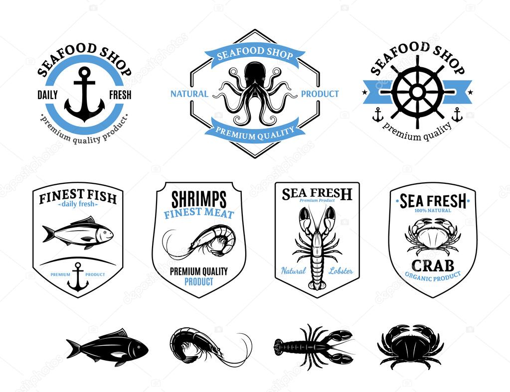 Vector seafood design elements, label templates, badges, emblems, logos and icons.