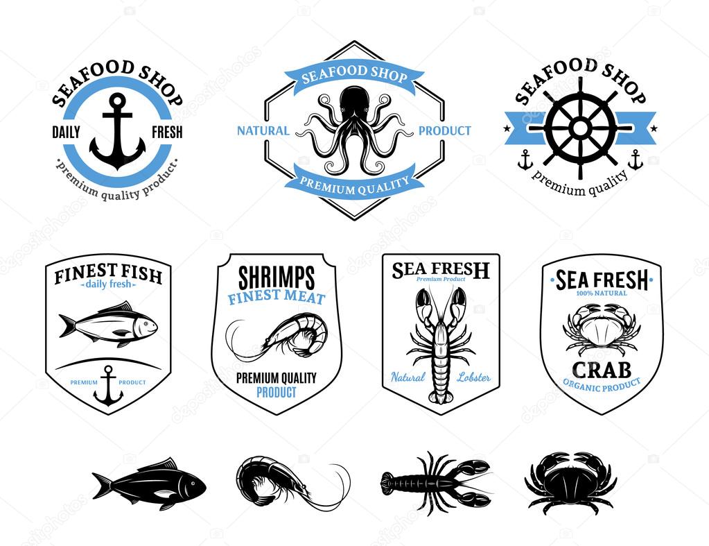 Seafood Logos, Labels, Sea Animals and Design Elements