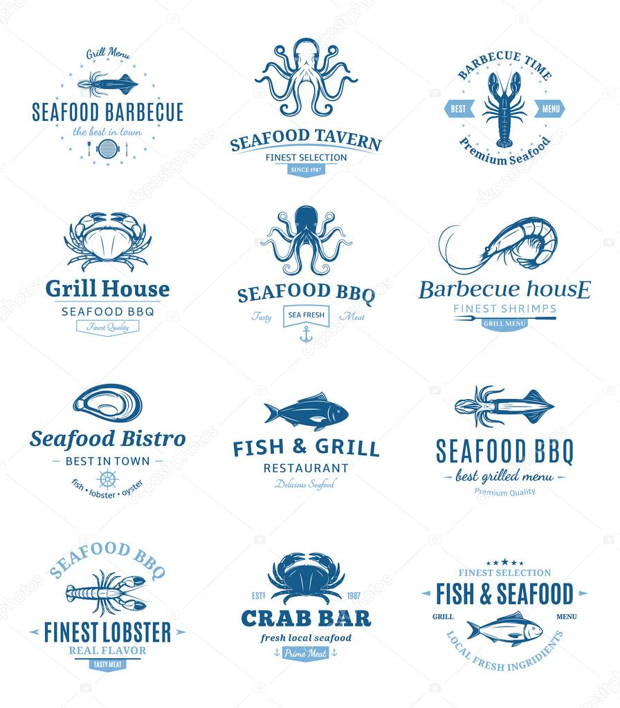 Seafood barbecue design elements, labels, badges, emblems and icons.