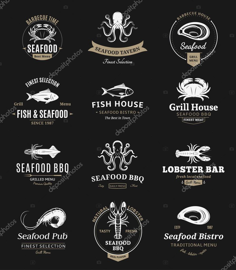Seafood barbecue design elements, labels, badges, emblems and icons.