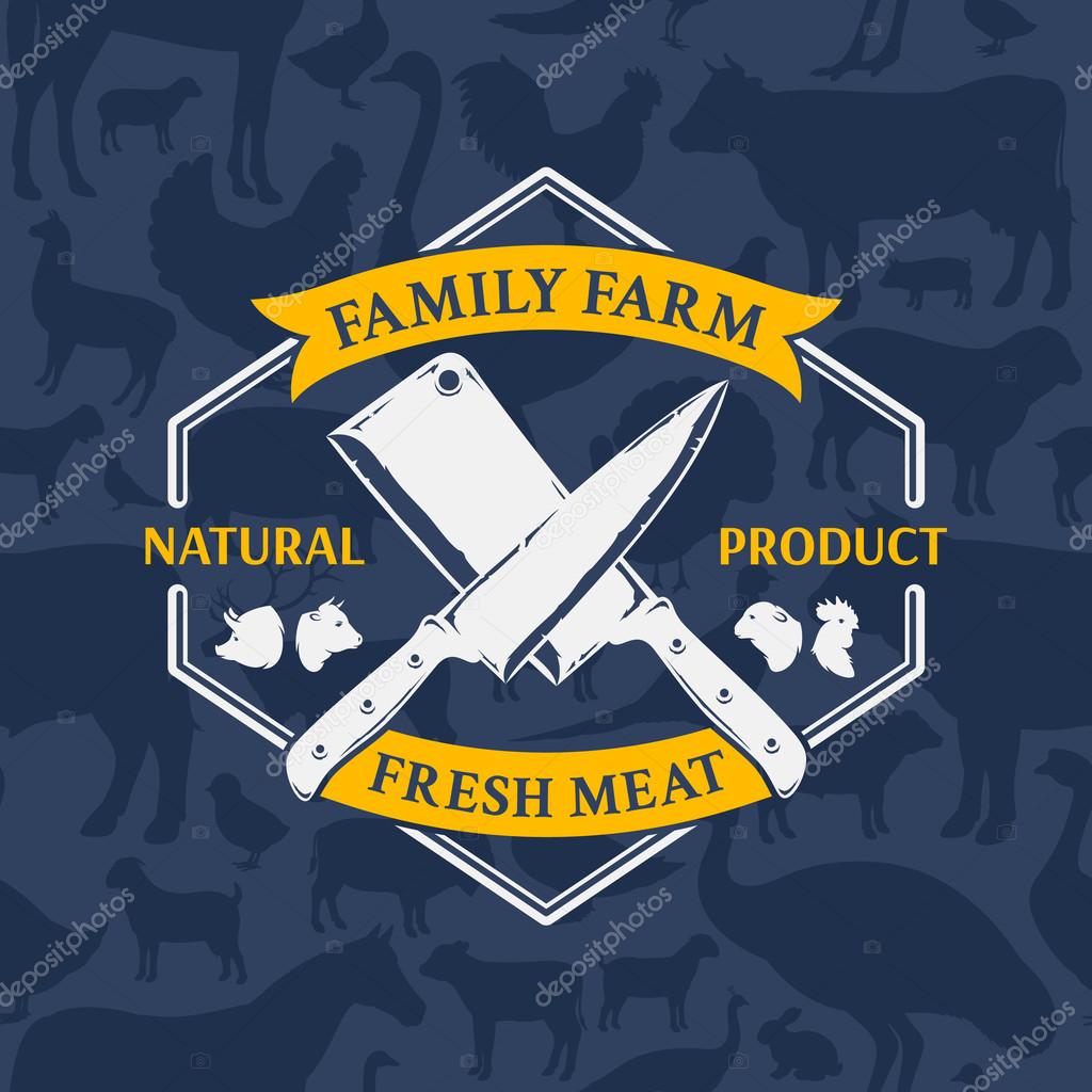 Butcher shop logo, meat label template over farm animal seamless pattern