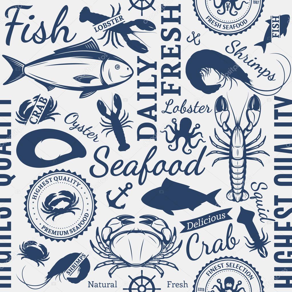 Vector seafood design elements, label templates, icons, background and seamless pattern