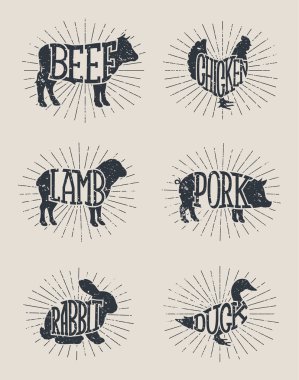 Tipografik çiftlik Enimals simgeler ve et etiketleri