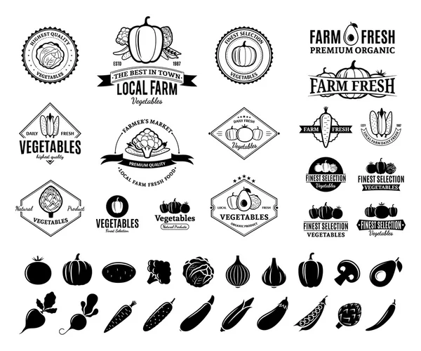 Legumes Logos, rótulos, ícones de vegetais e elementos de design — Vetor de Stock