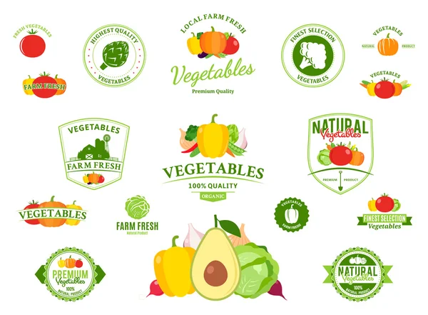 Zöldség logók, feliratok, zöldség ikonok és látványelemek — Stock Vector