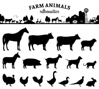 Vektör çiftlik hayvanları siluetleri üzerinde beyaz izole