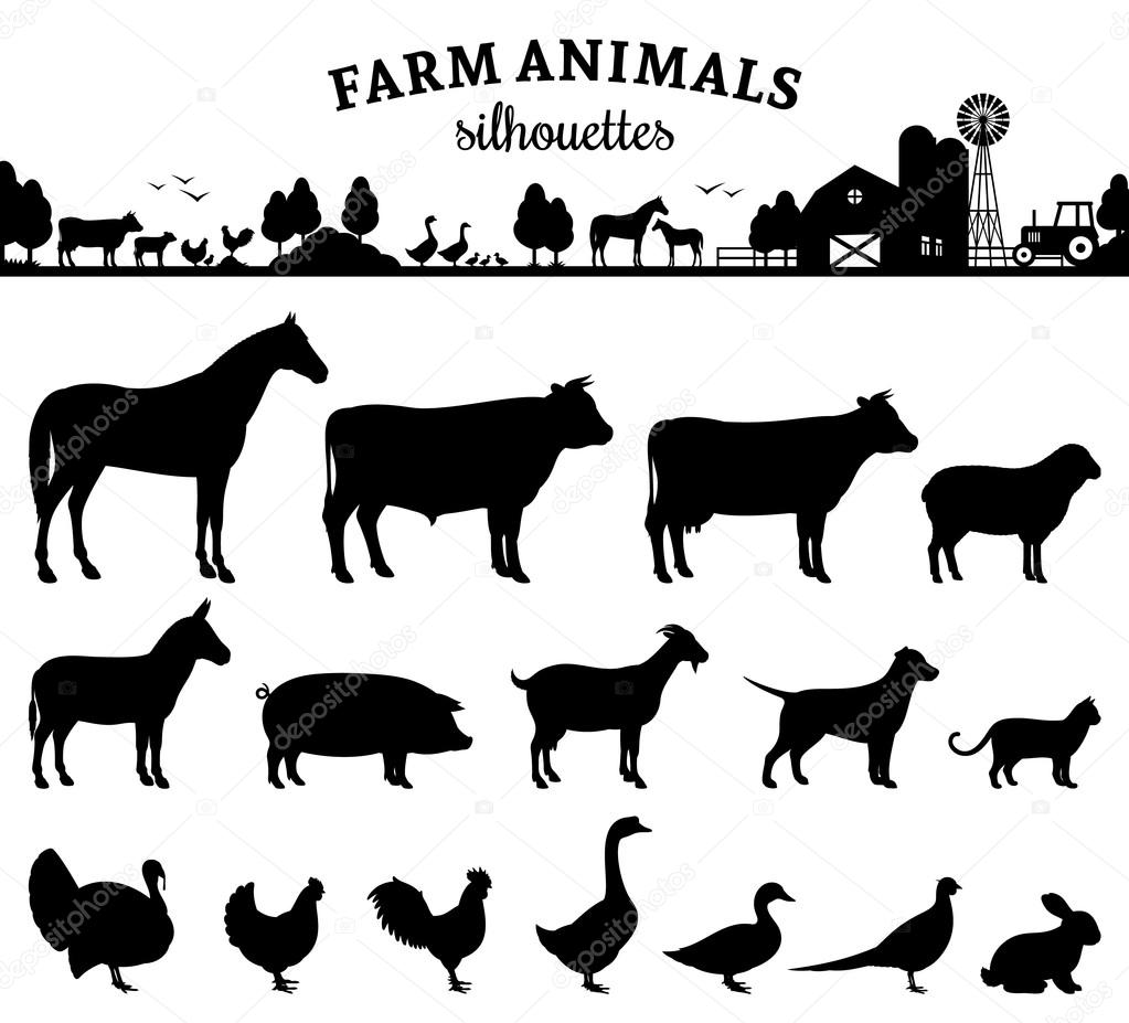 Vector Farm Animals Silhouettes Isolated on White