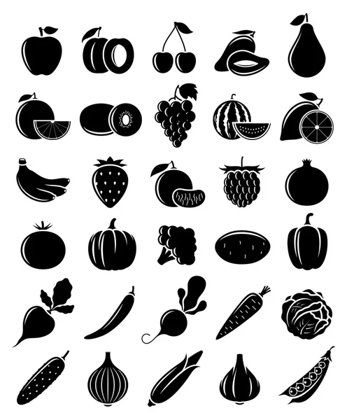 Vector Frutas y Verduras Negras y Blancas Iconos — Vector de stock