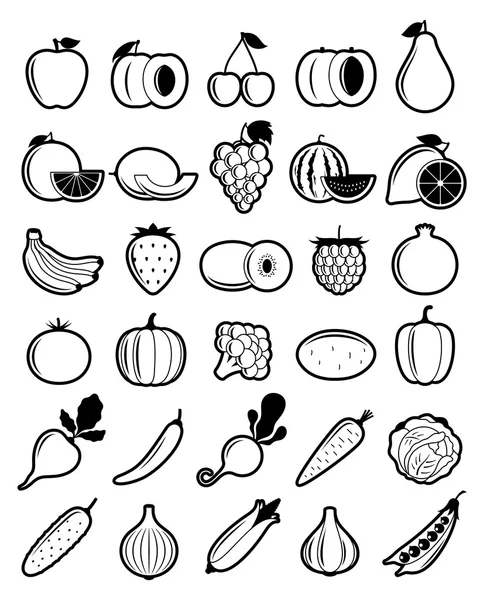 Vektor černá a bílá ovoce a zeleniny ikony — Stockový vektor