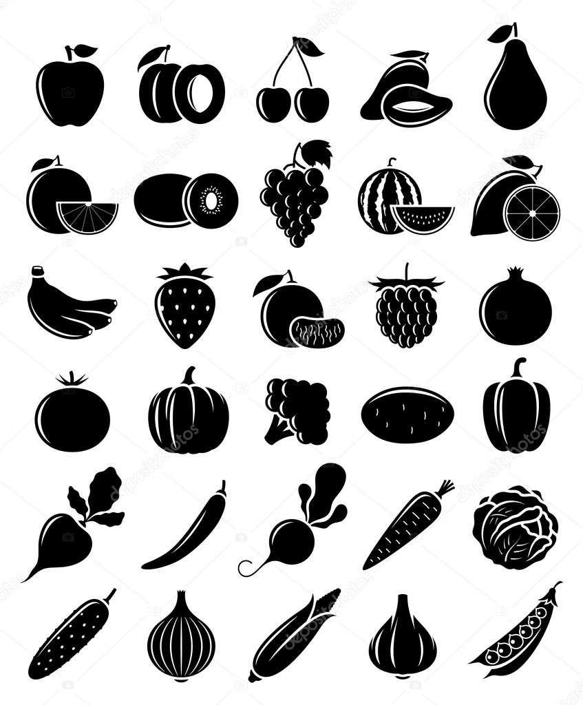 Vector Black and White Fruits and Vegetables Icons