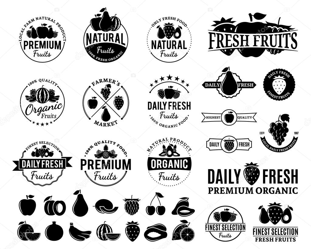 Set of fruit logo templates. Fruit labels with sample text. Fruits icons for groceries, agriculture stores, packaging and advertising. Vector logotype design.