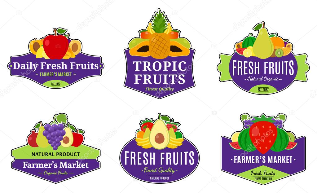 Set of fruit logo templates. Fruit labels with sample text for groceries, agriculture stores, packaging and advertising. Vector logotype design.