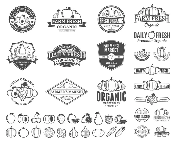 Frutas e legumes Logotipos, Etiquetas, Ícones de frutas e legumes —  Vetores de Stock