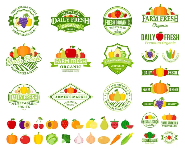 Frutas e legumes Logotipos, Etiquetas, Ícones de frutas e legumes —  Vetores de Stock