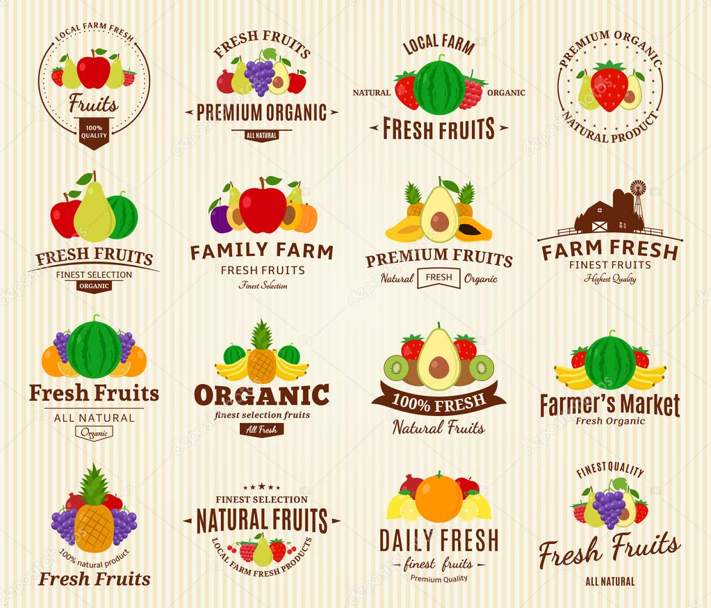 Set of fruit logo templates. Fruit labels with sample text. Fruits icons for groceries, agriculture stores, packaging and advertising. Vector logotype design.