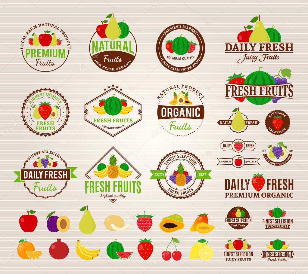 Set of fruit logo templates. Fruit labels with sample text. Fruits icons for groceries, agriculture stores, packaging and advertising. Vector logotype design.